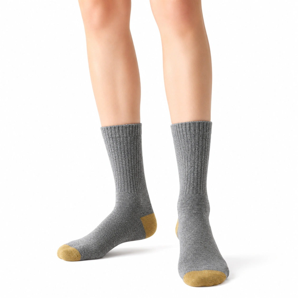 Calze 39-42 in maglia grigio mélange con punte ocra - stile a coste per uso quotidiano