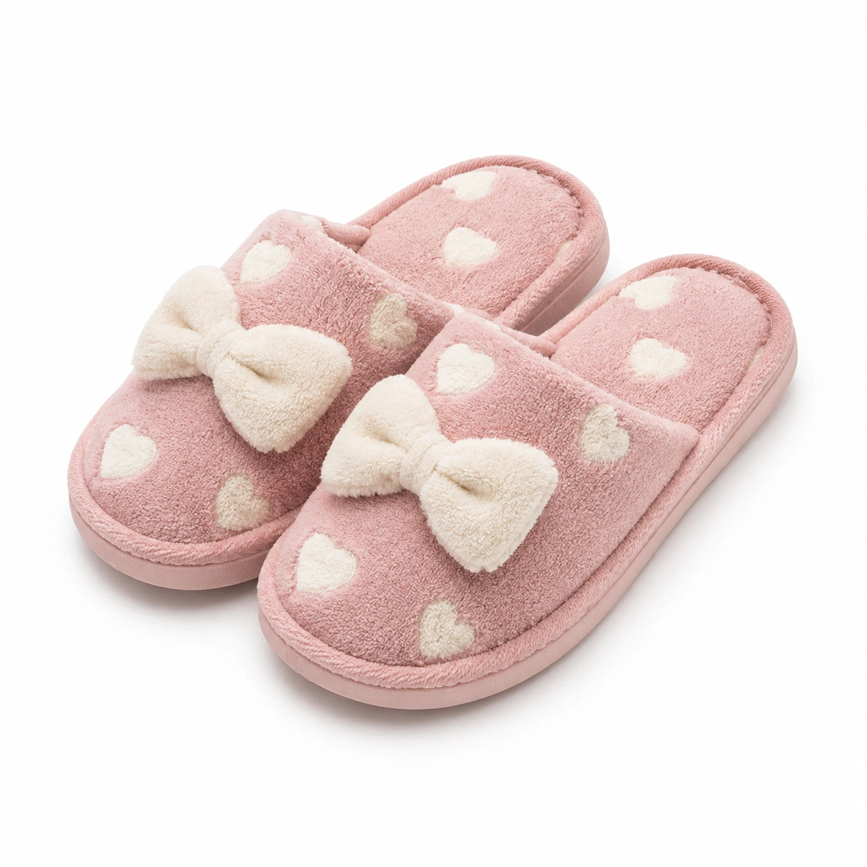 Pantofole da casa 40/41 in tessuto rosa con fiocco e cuori